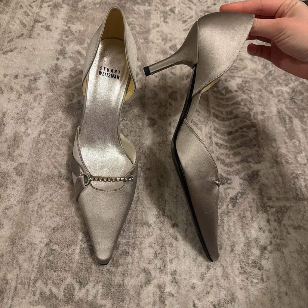 Stuart Weitzman Silver Satin D’orsay Kitten Heels